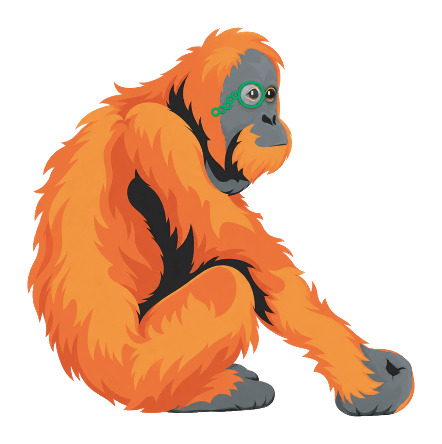 The WynneTech orangutan seated in thought, wearing a green monocle