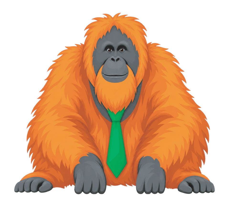 The WynneTech orangutan seated, wearing a green tie